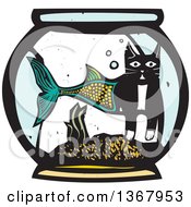 Poster, Art Print Of Woodcut Half Cat Half Fish In A Bowl