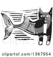 Poster, Art Print Of Black And White Woodcut Half Cat Half Fish