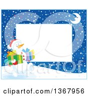 Poster, Art Print Of Horizontal Christmas Frame Border Of A Crescent Moon And Snowman Carrying Gifts