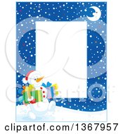 Poster, Art Print Of Vertical Christmas Frame Border Of A Crescent Moon And Snowman Carrying Gifts
