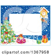 Clipart Of A Horizontal Frame Border Of A Clock Snow And Christmas Tree Royalty Free Vector Illustration