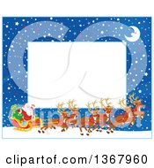 Poster, Art Print Of Horizontal Christmas Frame Border Of A Crescent Moon Snow And Santa With His Magic Reindeer And Sleigh