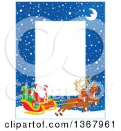Poster, Art Print Of Vertical Christmas Frame Border Of A Crescent Moon Snow And Santa With His Magic Reindeer And Sleigh