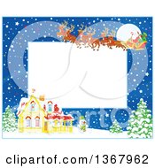 Clipart Of A Horizontal Christmas Frame Border Of A Full Moon Snow And Santa With His Magic Reindeer And Sleigh Flying Over A House Royalty Free Vector Illustration