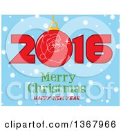 Clipart Of A Santa Face On A Bauble In A Red New Year 2016 Over Snow And A Merry Christmas Happy New Year Greeting On Blue Royalty Free Vector Illustration