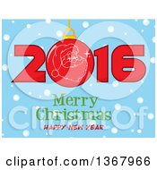 Poster, Art Print Of Santa Face On A Bauble In A Red New Year 2016 Over Snow And A Merry Christmas Happy New Year Greeting On Blue