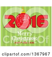 Poster, Art Print Of Santa Face On A Bauble In A Red New Year 2016 Over Merry Christmas Happy New Year Greeting And Green Stripes