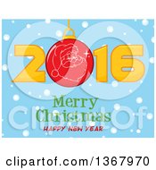 Poster, Art Print Of Santa Face On A Bauble In A Red New Year 2016 Over Snow And A Merry Christmas Happy New Year Greeting On Blue