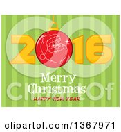 Poster, Art Print Of Santa Face On A Bauble In A Red New Year 2016 Over Merry Christmas Happy New Year Greeting And Green Stripes