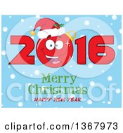 Poster, Art Print Of Happy Bauble Ornament Character Wearing A Santa Hat In 2016 Over Merry Christmas Happy New Year Text And Snow On Blue