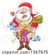 Poster, Art Print Of Cartoon Shocked Santa Holding A Gift From Halloween Creepies To Himeself