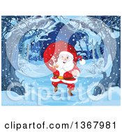 Poster, Art Print Of Merry Santa Claus Carrying A Sack Over His Shoulder And Walking On A Tree Lined Path On A Snowy Christmas Eve