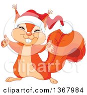 Poster, Art Print Of Cute Red Squirrel Welcoming And Wearing A Christmas Santa Hat