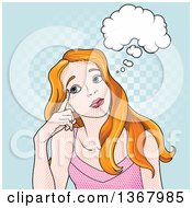 Clipart Of A Comic Dot Styled Red Haired Caucasian Woman Touching Her Temple And Thinking Over Checkers Royalty Free Vector Illustration