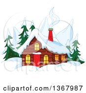 Poster, Art Print Of Winter Cabin With Smoke Rising From The Chimneys Mountain Peaks And Evergreens