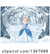 Poster, Art Print Of Red Haired Blue Eyed Caucasian Princess Talking To A Bird On A Tree Lined Snowy Winter Path Near A Castle
