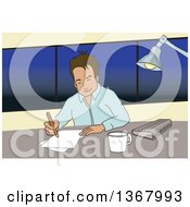 Clipart Of A Relaxed Brunette Man Writing At His Office Desk Royalty Free Vector Illustration