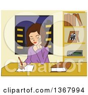Clipart Of A Relaxed Brunette Woman Writing At Her Office Desk Royalty Free Vector Illustration