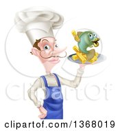 White Male Chef With A Curling Mustache Holding A Fish And Chips On A Tray