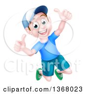 Poster, Art Print Of Happy Caucasian Boy Jumping And Giving Two Thumbs Up