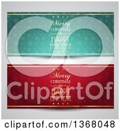 Clipart Of Merry Christmas And A Happy New Year Greeting Banners With Stars And Snowflakes Over Gray Royalty Free Vector Illustration