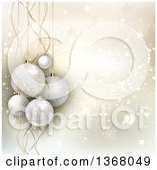 Clipart Of A Christmas Background Of 3d White Baubles Over Stars Bokeh And Snowflakes Royalty Free Vector Illustration