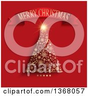 Poster, Art Print Of Merry Christmas Greeting Banner Over A Tree Made Of Gold Snowflakes Stars And Swirls On Red