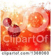 Christmas Background Of 3d Red Glitter Baubles Over Orange With Bokeh Stars And Snowflakes