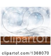 Poster, Art Print Of 3d Wooden Deck Or Table With A Blurred View Of A Snowy Winter Landscape