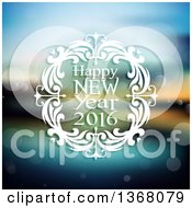 Clipart Of A Happy New Year 2016 Greeting In A White Floral Frame Over A Blurred Coast Scene Royalty Free Vector Illustration