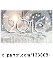 Clipart Of A Happy New Year 2016 Greeting Over 3d Snowy Hills Snowflakes And Bokeh Flares Royalty Free Illustration
