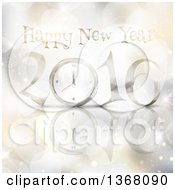 Poster, Art Print Of Happy New Year 2016 Greeting With A Clock Over Bokeh Flares Stars And A Reflection