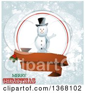 Poster, Art Print Of Waving Snowman In A Frame With A Blank Ribbon Banner Holly Merry Christmas Text And Grungy Snowflakes