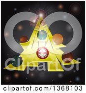 Poster, Art Print Of Abstract Christmas Tree Made Of 3d Yellow Stripes And Colorful Baubles Over Gray With Flares