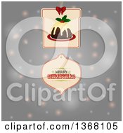 Clipart Of A Christmas Pudding And Greeting Gift Tag Over Sparkles Royalty Free Vector Illustration by elaineitalia
