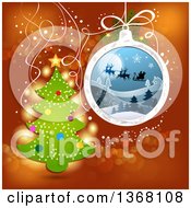 Poster, Art Print Of Christmas Tree With A Bauble Of Silhouetted Santa Flying His Sleigh Over Red