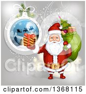 Poster, Art Print Of Suspended Christmas Bauble And Santa Holding A Gift And Sack