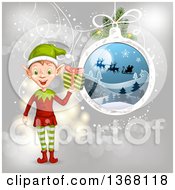 Clipart Of A Christmas Elf Holding A Gift By A Bauble Of Santa Flying His Sleigh Over Gray Royalty Free Vector Illustration