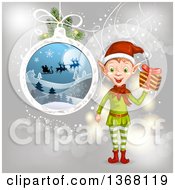 Poster, Art Print Of Christmas Elf Holding A Gift By A Bauble Of Santa Flying His Sleigh Over Gray