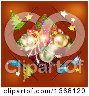 Poster, Art Print Of Diamond Frame With Christmas Baubles Gifts And Trees On Red
