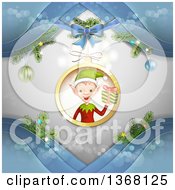 Poster, Art Print Of Christmas Elf Holding A Gift Inside A Bauble With Blue Waves