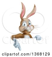 Clipart Of A Happy Brown Easter Bunny Rabbit Pointing Down Over A Sign Royalty Free Vector Illustration