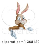 Poster, Art Print Of Happy Brown Easter Bunny Rabbit Pointing Down Over A Sign