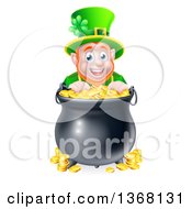 Cartoon Friendly St Patricks Day Leprechaun Smiling Over A Pot Of Gold