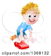 Poster, Art Print Of Happy Blond White Boy Playing With A Toy Car