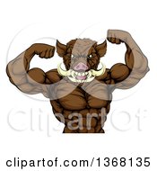 Poster, Art Print Of Tough Muscular Razorback Boar Man Flexing His Bicep Muscles From The Waist Up