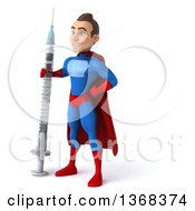 Clipart Of A 3d Young Brunette White Male Super Hero In A Blue And Red Suit Holding A Vaccine Syringe On A White Background Royalty Free Illustration