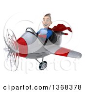 Clipart Of A 3d Young Brunette White Male Super Hero In A Blue And Red Suit Flying An Airplane On A White Background Royalty Free Illustration