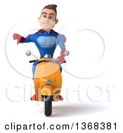 Clipart Of A 3d Young Brunette White Male Super Hero In A Blue And Red Suit Riding A Scooter On A White Background Royalty Free Illustration