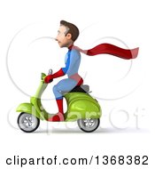 Clipart Of A 3d Young Brunette White Male Super Hero In A Blue And Red Suit Riding A Scooter On A White Background Royalty Free Illustration